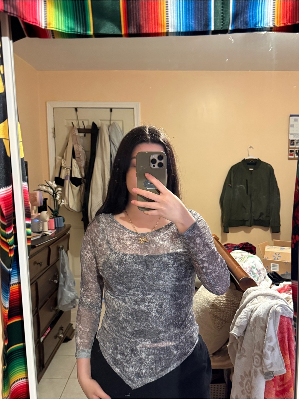 Grey Sheer Long-Sleeve Women's Top
